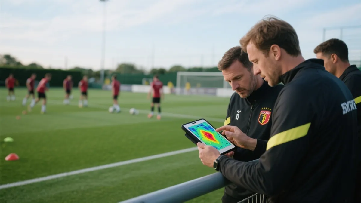 教练组在平板上查看战术热图与跑动数据，球员在训练场进行分组对抗